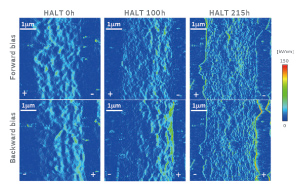 Figure 5 Electric field images for the cross sections of MLCCs. The Ni electrodes and the dielectric layers are located on both sides and centers of each figure, respectively. These images were derived by differentiating surface potential images in a thickness direction of dielectric layers. The notations “+” and “–” shown in Ni electrodes represent positive and negative potentials, respectively. The measurements of both forward and backward bias were implemented at the same position in each sample.