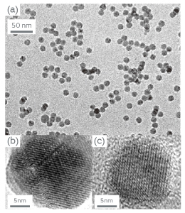 Figure 2 (a) TEM bright field image of BaTiO3 nanoparticles fabricated by laser ablation, (b) TEM lattice image of the fabricated nanoparticles, (c) TEM lattice image of BaTiO3 nanoparticles fabricated by electro-spray method.