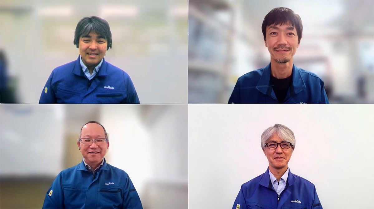 Top row from left: Tokoi (site manager for equipment removal), Ota (responsible for adjustments and quality evaluation for equipment operation). Bottom row from left: Miyake (project supervisor), Okazaki (in charge of repairs and infrastructure maintenance after equipment installation).