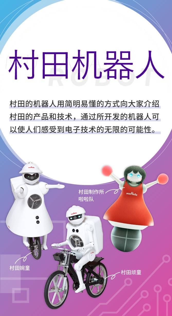村田机器人　村田的机器人用简明易懂的方式向大家介绍村田的产品和技术，通过所开发的机器人可以使人们感受到电子技术的无限的可能性。[村田顽童][村田婉童][村田制作所啦啦队]