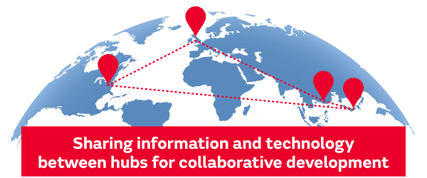 Collaboration among design and development hubs worldwide with unique expertise
