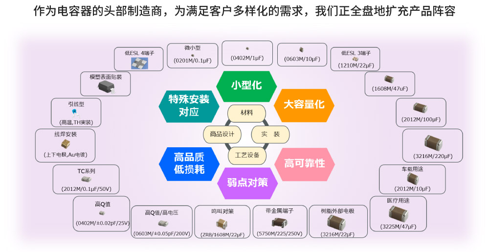 作为电容器的头部制造商，为满足客户多样化的需求，我们正全盘地扩充产品阵容